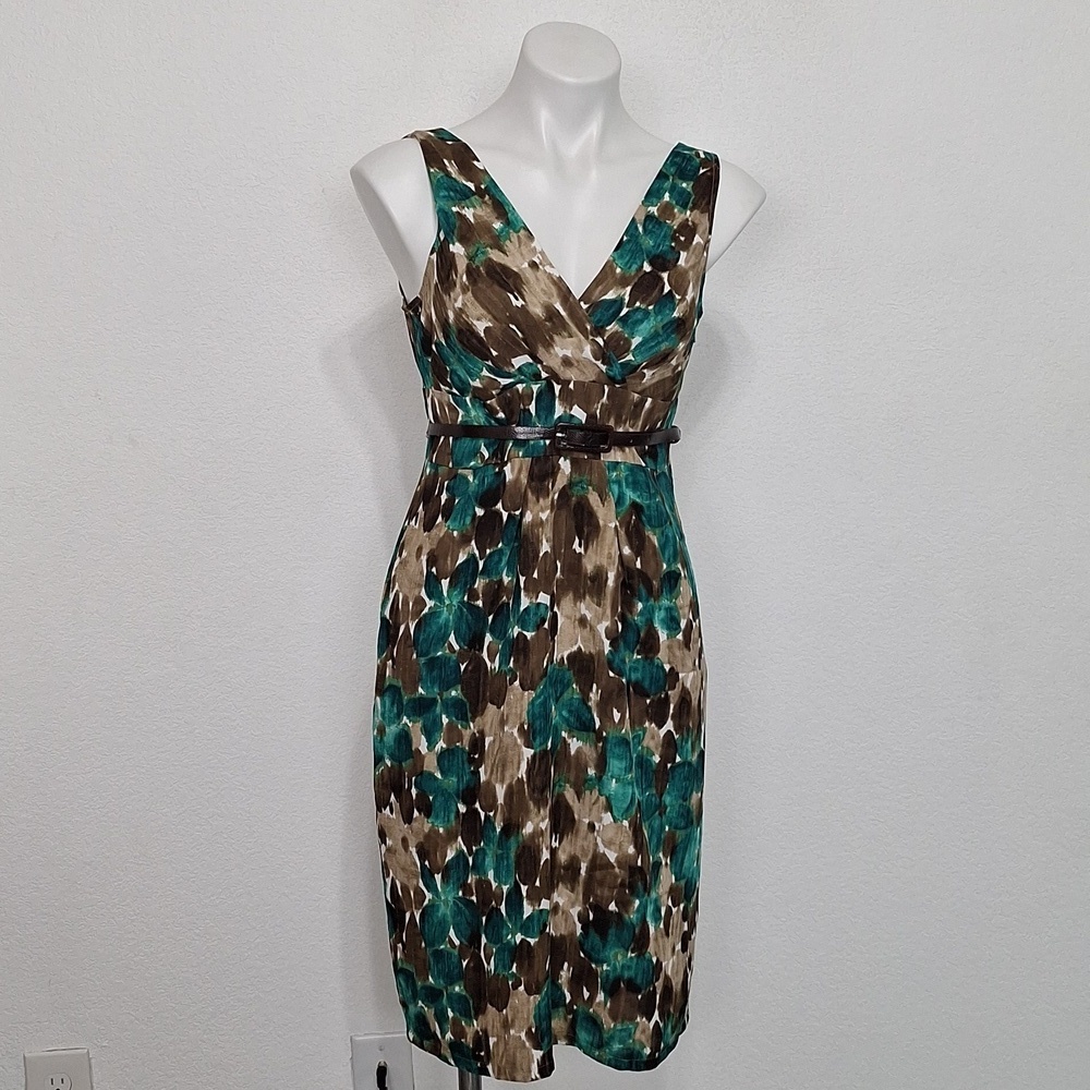 Axcess Liz Claiborne Green Brown Floral Watercolor Retro Midi Dress Size S